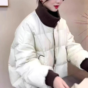 Color matching cotton-padded jacket women's 2024 knitted stand collar new stitching down cotton-padded jacket winter short cotton-padded jacket