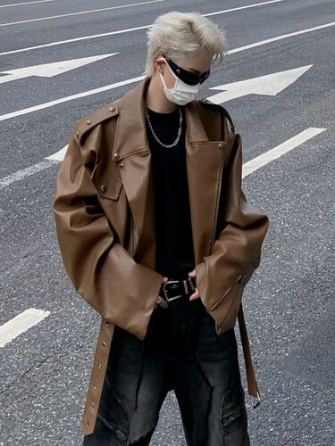 Leather biker jacket, autumnal style, short sleeve men's outerwear, American trend, loose, cool rebel look, PU leather jacket