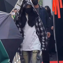 现货韩代明星同款Raucohouse新款宽松磨毛格子连帽卫衣外套男女