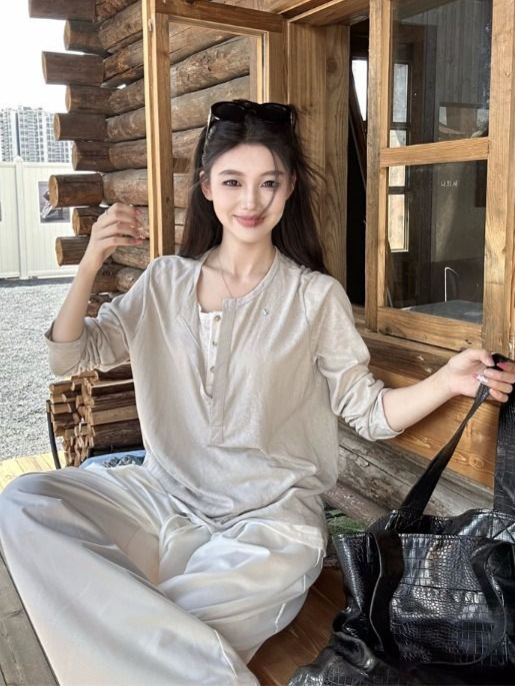 假两件拼接设计感撞色长袖T恤女秋季小众宽松休闲上衣内搭打底衫|undefined