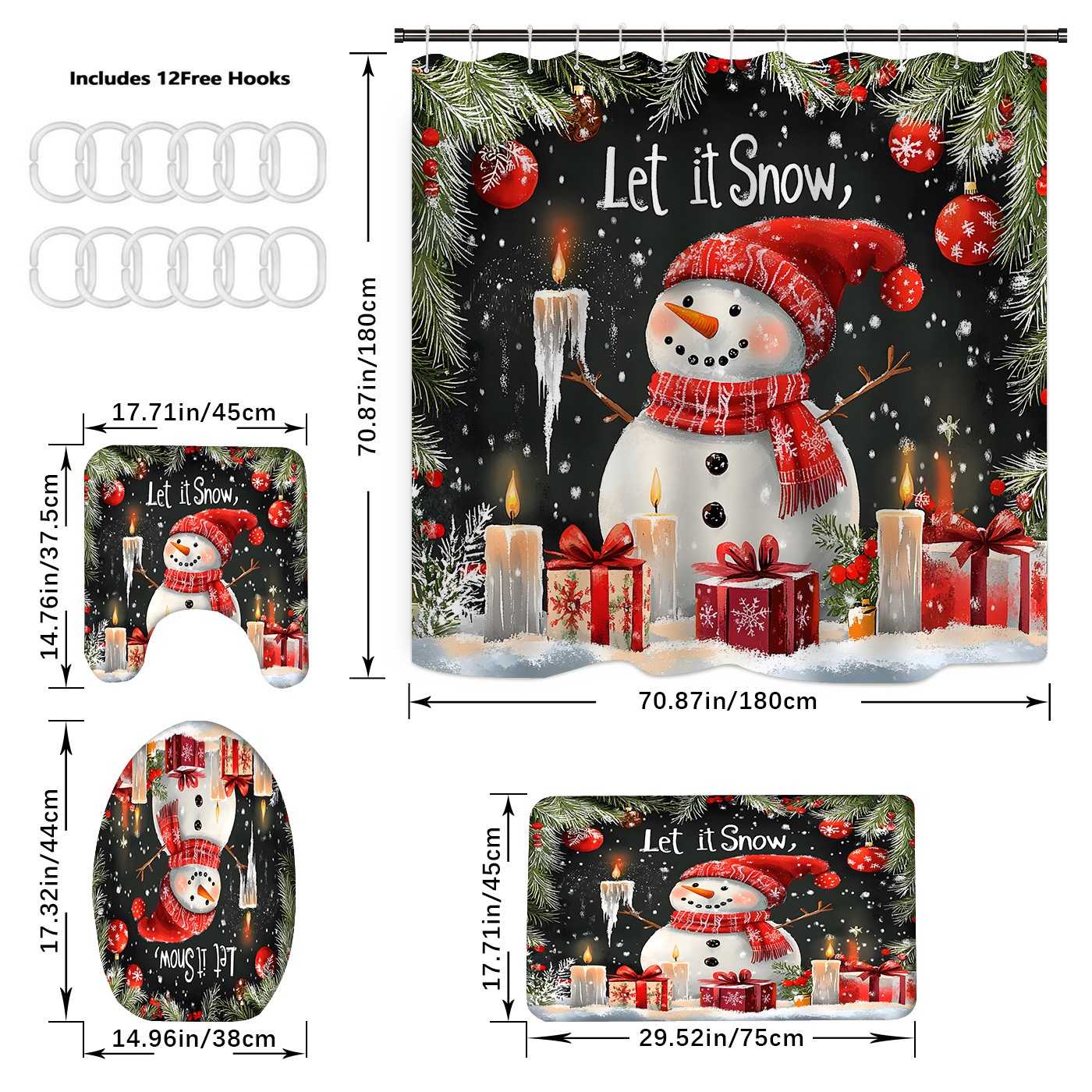 Cortina de ducha de poliéster impermeable con estampado navideño rojo, cortina de ducha creativa con diseño digital 3D, estilo americano y europeo, suministro directo transfronterizo del fabricante