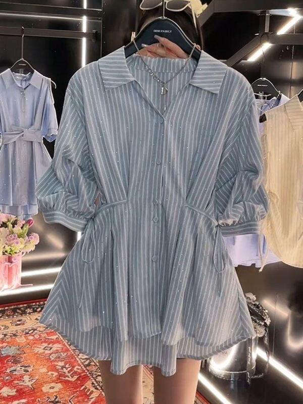 Korean Trendy Fashion Striped Shirt, New Summer Style, Super Chic and Elegant, Casual Versatile Plus-Size Waist-Cinching Shirt Korean Trendy Fashion Striped Shirt, New Summer Style, Super Chic and Elegant, Casual Versatile Plus-Size Waist-Cinching Shirt