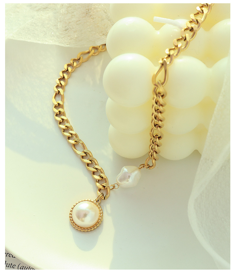 fashion geometric chain inlaid pearl 18k gold titanium steel necklace