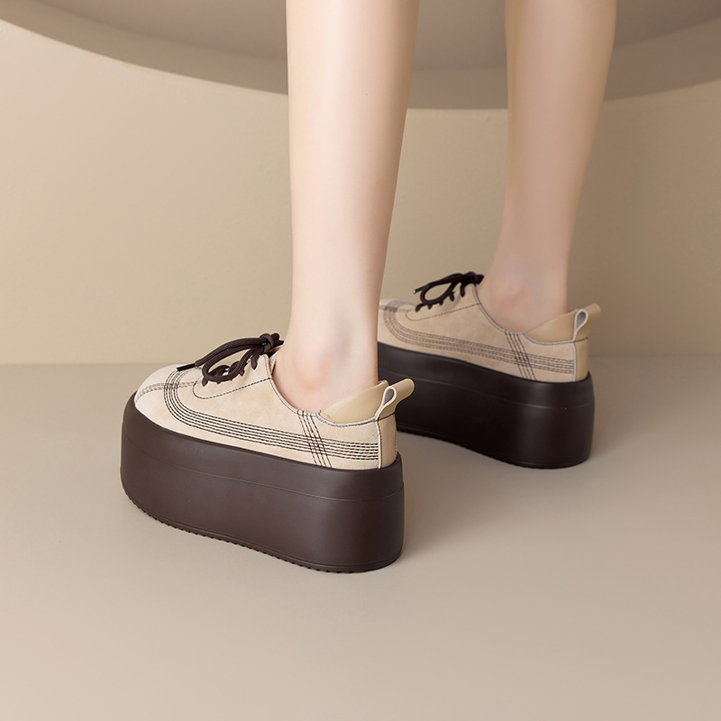 Giày sneaker nữ chunky đế dày mũi tròn phối màu dây buộc cổ thấp thu đông da thật — màu đen, màu mơ