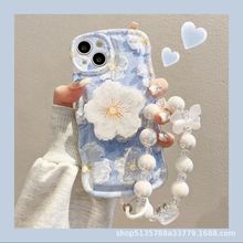 油画蓝色花朵卡通支架适用VIVO#X90PRO/80手机壳潮流Y73/S15女款