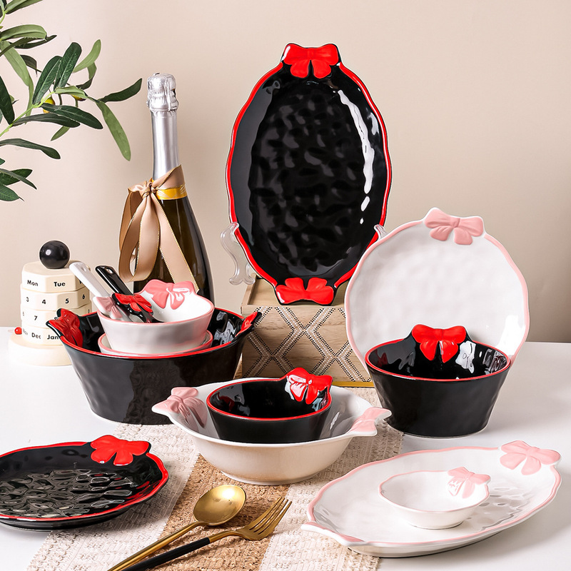 Cute and Beautiful Bow-Knot Girly Heart Ceramic Rice Bowl Household Meal Plate Bowl Spoon Underglaze Color Tableware Set