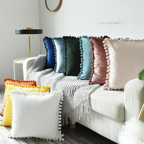 Cross-border Home Furnishing Velvet Sofa Pillow Cover with Plush Ball Edge Border Wholesale Without Pillow Core