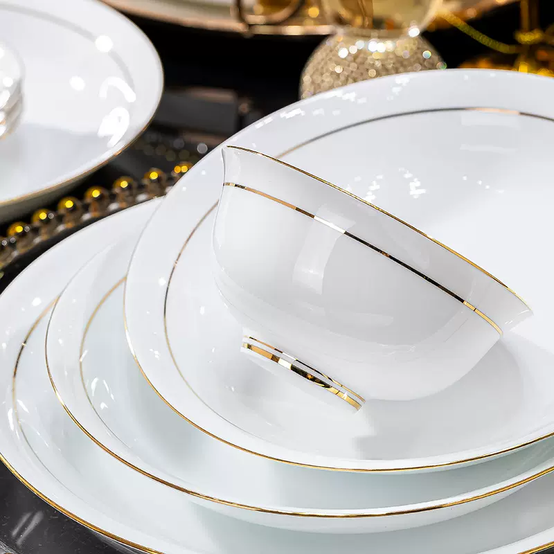 景德镇高白瓷餐具防烫高颜值描金高脚碗吃饭碗碟菜盘子面汤碗组合