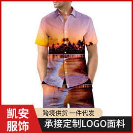 欧美外贸沙滩户外男士休闲时尚3D数码印花短袖衬衫宽松男士衬衣