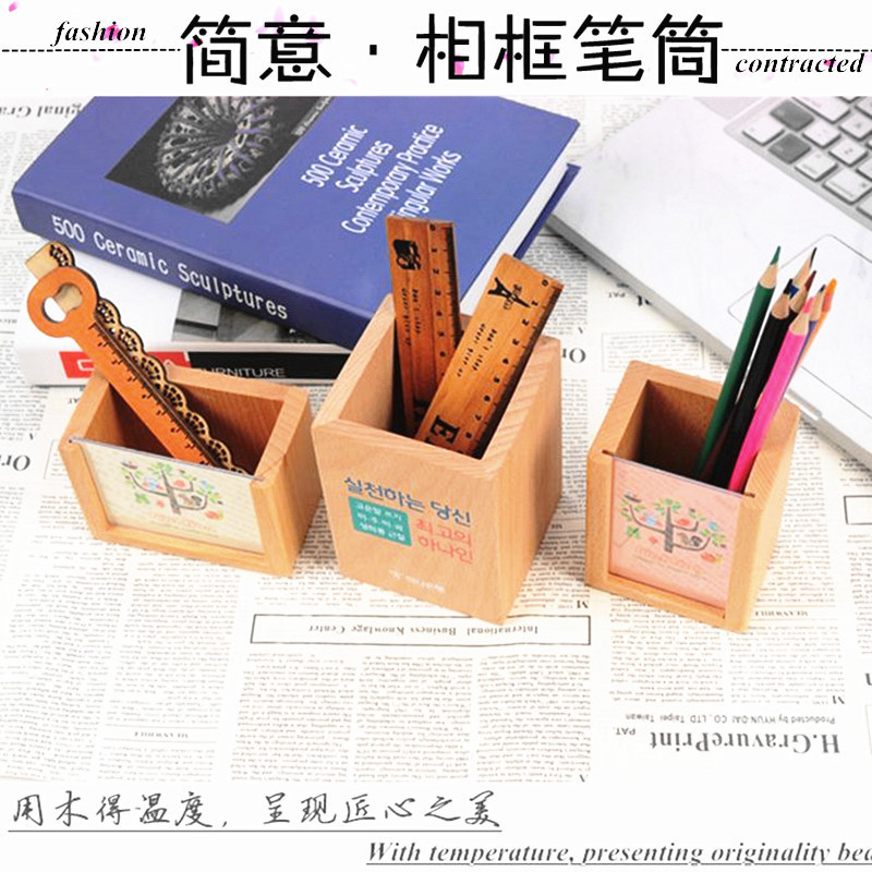 Marco de foto de madera sólida lápiz creativo multifuncional lápiz de madera tronco aprendiendo caja de almacenamiento de escritorio