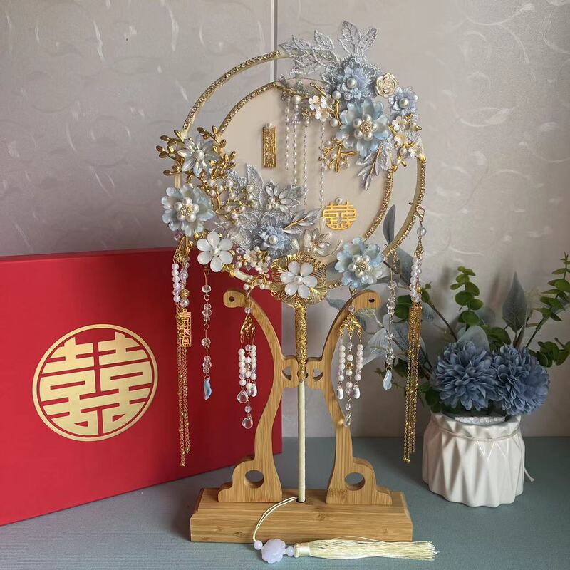 结婚团扇婚礼出嫁秀禾手工喜扇子双面淡重工新娘diy材料包蓝色|undefined