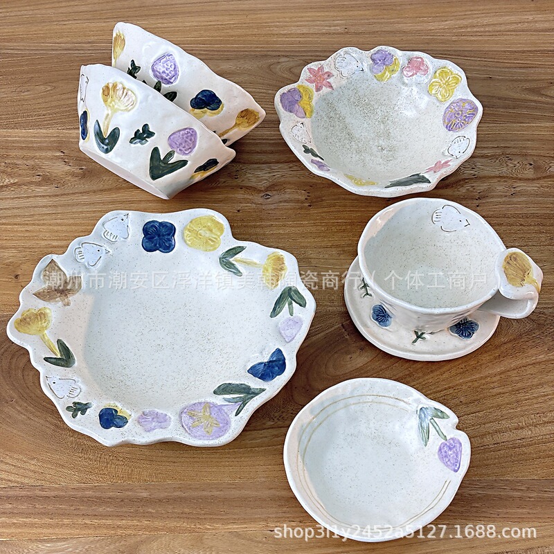 Vintage Handmade Floral Ceramic Rice Bowl, Dessert Plate, Dinner Plate, Cake Plate, High-End Household Tableware Set, Cross-Border