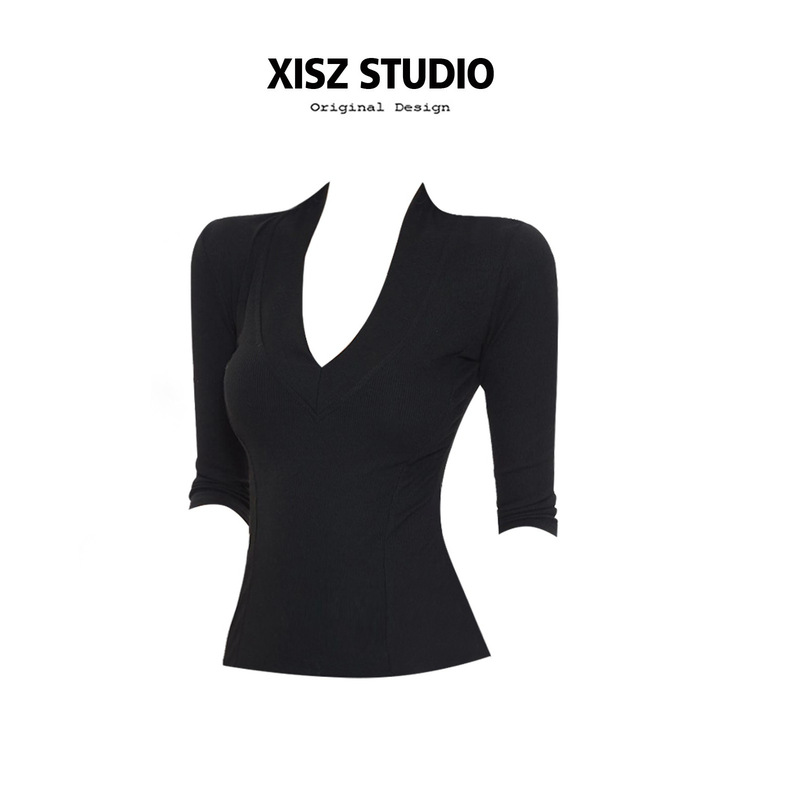 Mr [Cut as You Like] Hot Girl Style Black V Neck Mid-Sleeve T-Shirt for Women Spring and Summer Slimming Look Top Right Shoulder Bottoming Shirt
