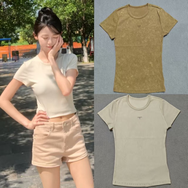 SK暴风褪色蚕丝运动Tee（手工染色）微收腰基础款T恤夏季新款|undefined