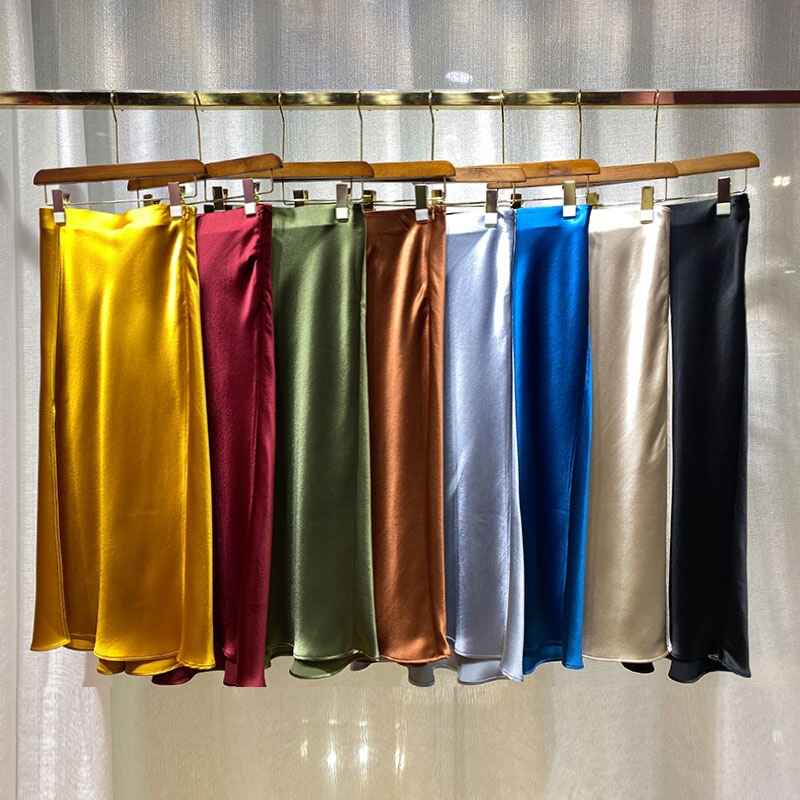 In-Stock Summer Acetate Skirt with Elastic Waist, Slit, Satin Drape, Elegant Mid-Length A-Line Skirt with a Socialite Vibe