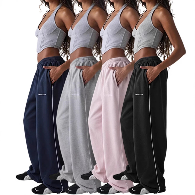 M6067 Cross-Border European and American Embroidered Loose Fashion Casual Temperament Commuter Style Trendy Versatile Straight-Leg Long Pants Sports