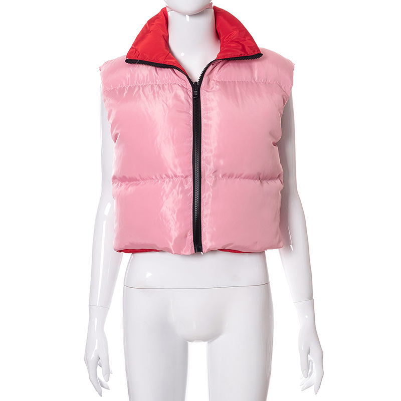 Women  Clothing 2021 Autumn and Winter New Contrast Color Reverse Sleeveless Vest Casual Bread Cotton-Padded Coats in Cotton-padded Coats