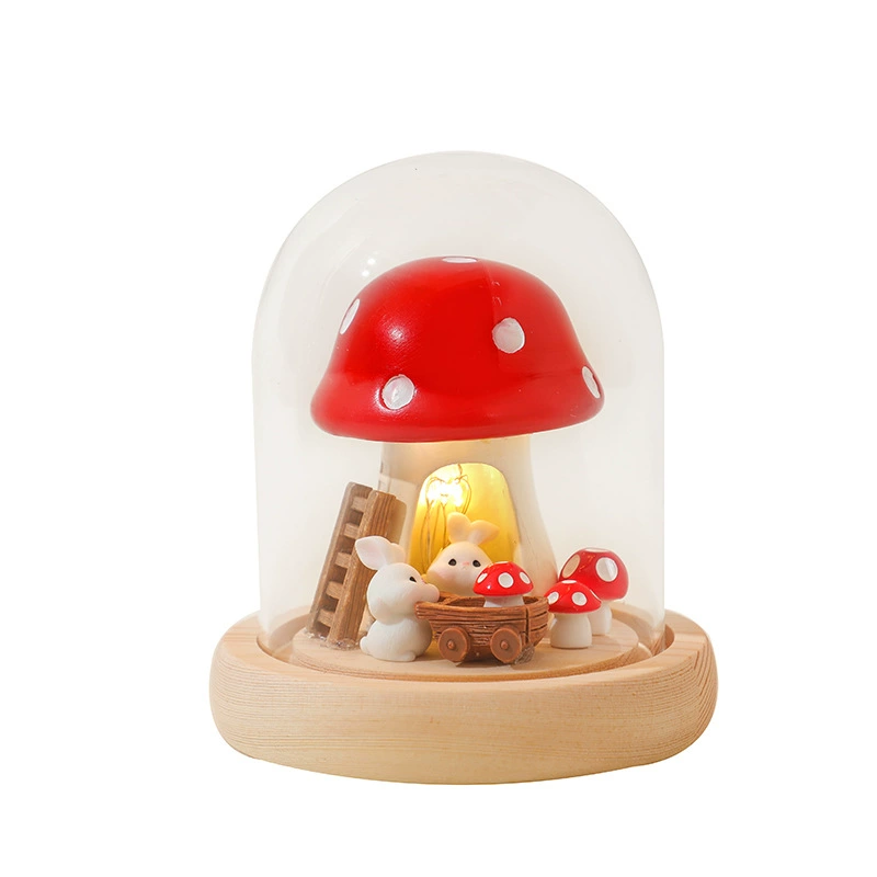 Handmade night light, glass dome with rabbit and mushroom scene — tabletop bedroom decor, gift