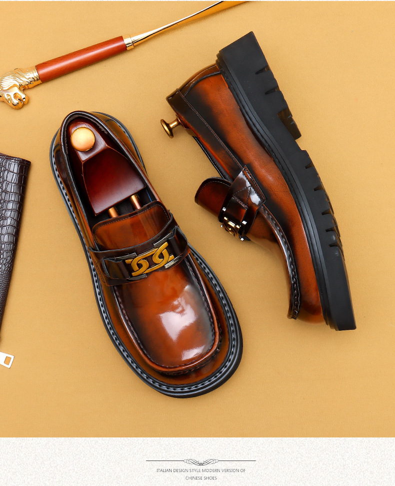 Foreign trade popular big toe leather shoes men's genuine leather glossy business casual fashion wide foot platform slip-on formal wear shoes_vogvips.com