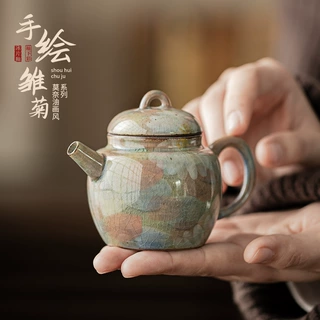 莫奈油画风冰片釉手绘雏菊陶瓷茶壶思亭壶过滤单壶带壶承礼品礼盒