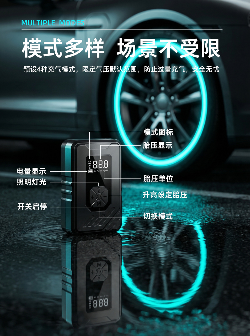 Car Air Pump, Small Car Air Pump, Electric Portable Air Pump with Lighting and Digital Display, Electric Air Pump