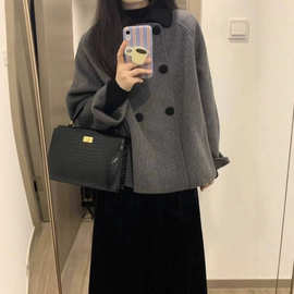 灰色短款呢子大衣女秋冬娃娃领复古加厚小个子韩系赫本风毛呢外套