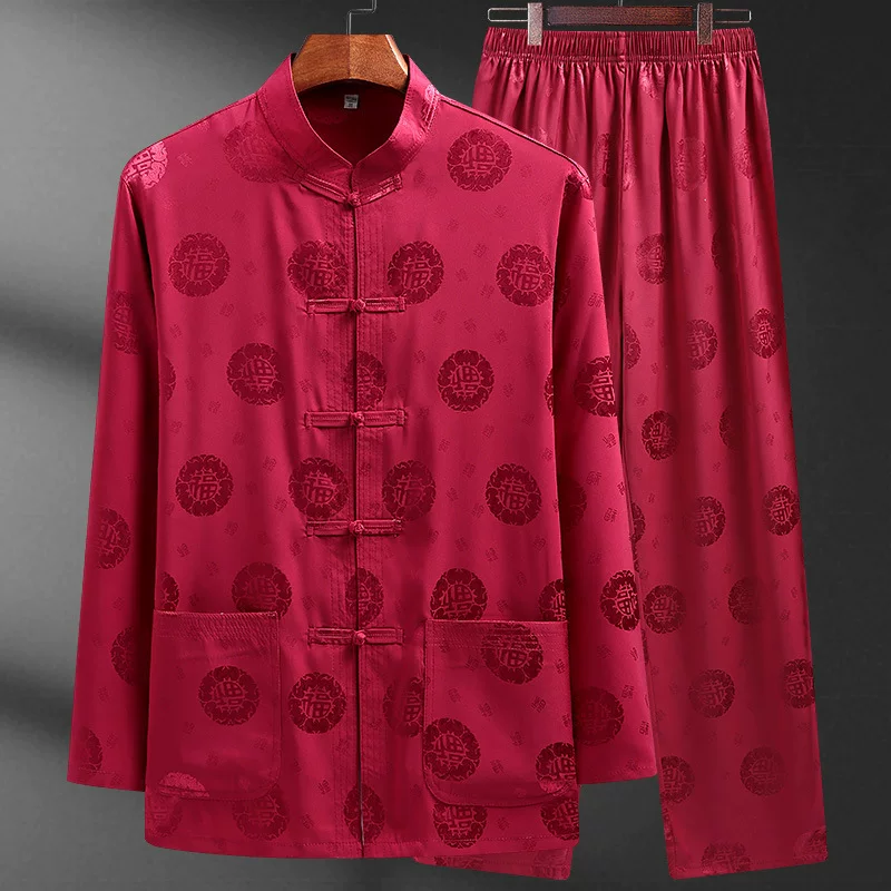Summer thin silk set for boys for elderly, long-sleeve, Chinese style