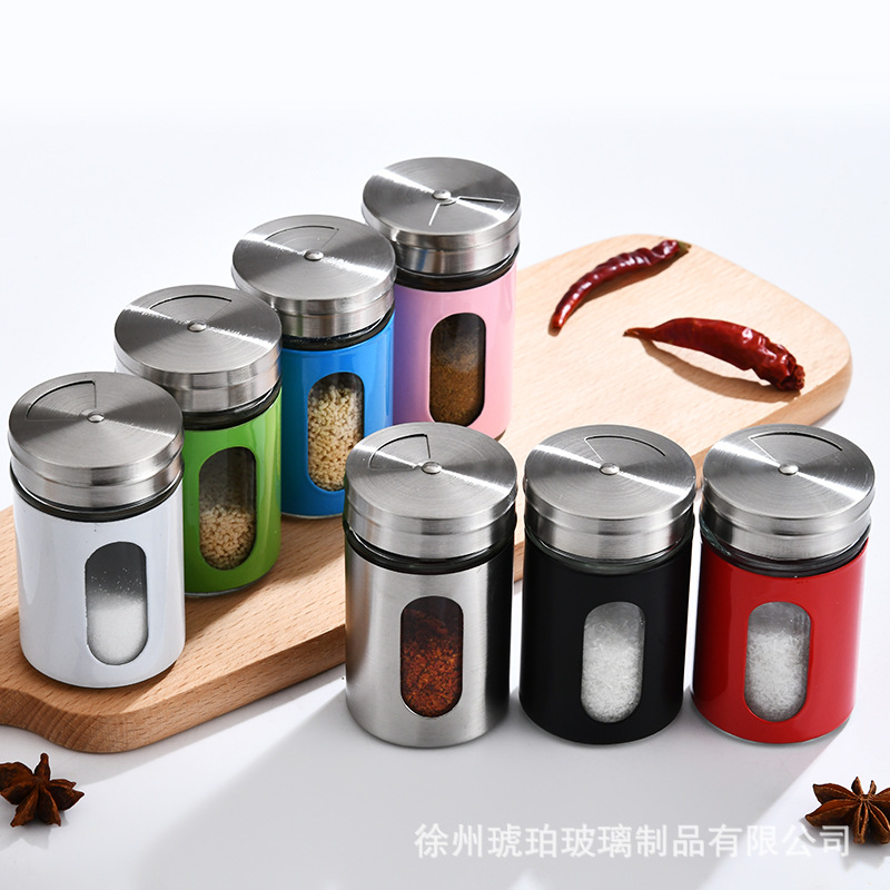 Venta al por mayor botella de condimento giratoria frasco de pimienta de vidrio con agujero palillo de dientes herramienta de barbacoa cocina frasco de condimento de acero inoxidable