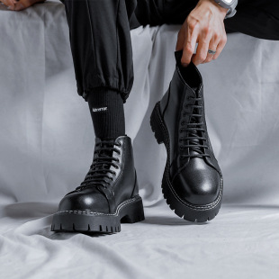 Boots Men's Autumn and Winter 2 British Style High-Top Trendyy Casual Thick-Soled Workwear Mid-Top Leather Shoes 51274-R