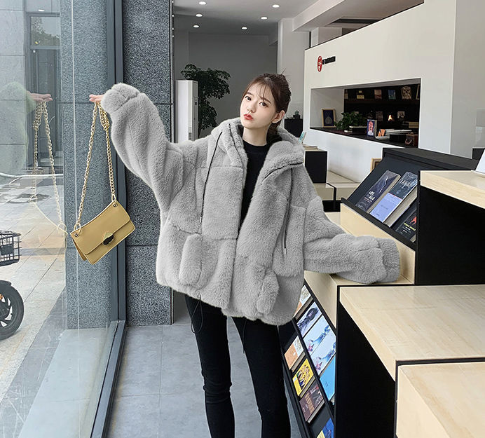2022 Autumn and Winter New Imitation Fur Coat Women's Imitation Rex Rabbit Fur Hooded Plush Coat Loose Warm