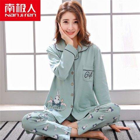 Pijamas de primavera y otoño de las mujeres más el tamaño % de algodón de manga larga traje de dos piezas Otoño e Invierno Delgado se puede usar fuera de casa