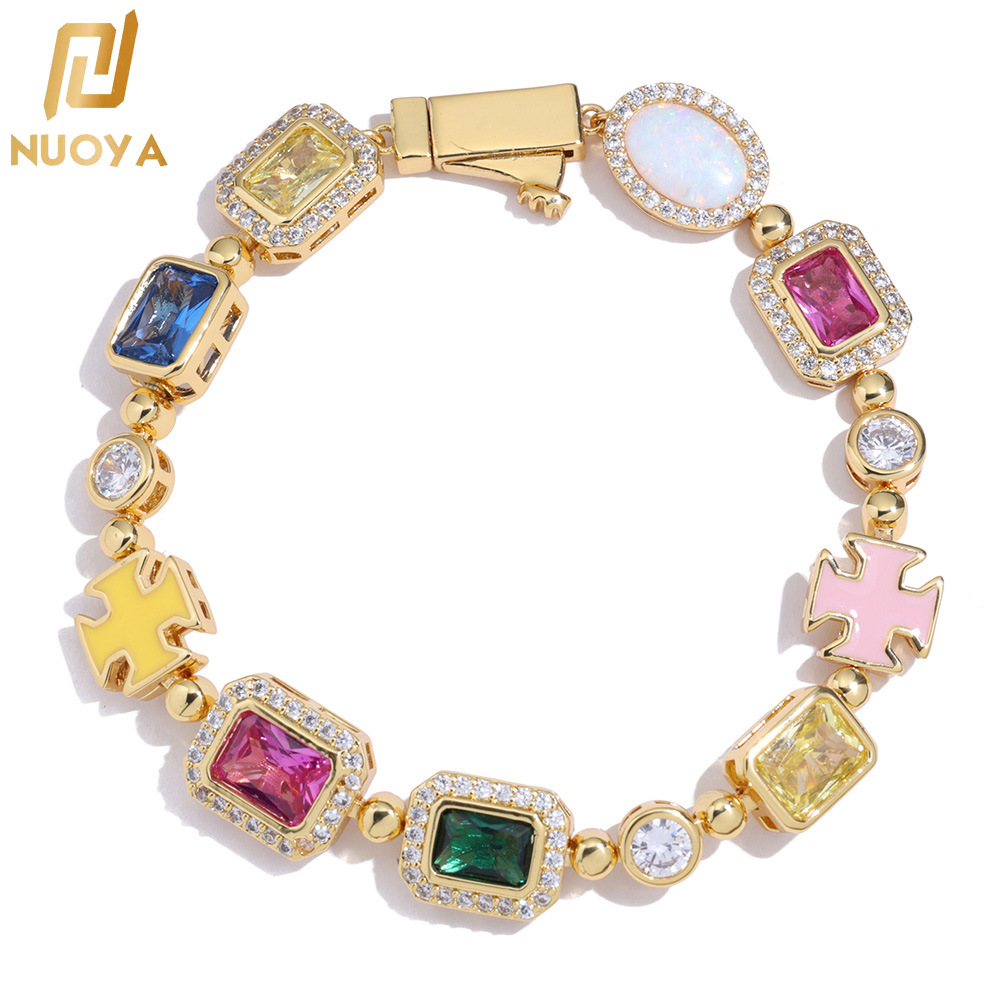 European and American cross-border hip-hop colored gemstone jewelry bracelet women's jewelry accessories high-grade zircon men's bracelet wholesale