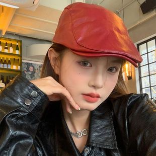 红色复古皮质前进帽女韩版百搭鸭舌贝雷帽时尚报童帽显脸小帽子-阿里巴巴