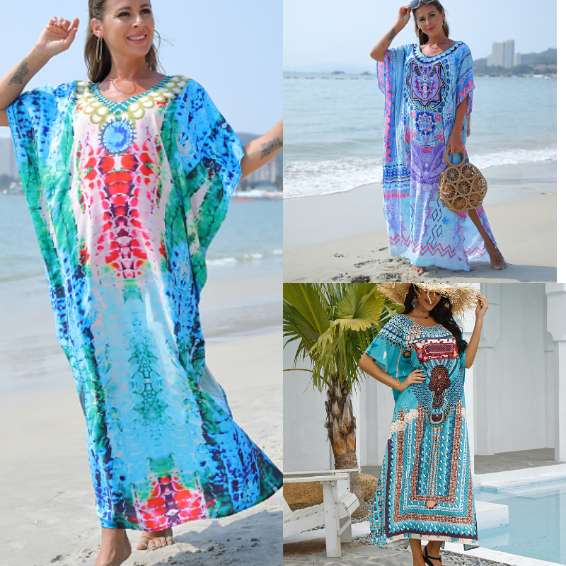 Europa y América verde serpiente impresión suelta más tamaño traje de playa vestido bikini cover up vacaciones sol protección camisa 1D39