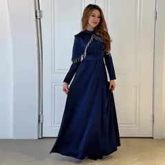 2025年秋气质新款欧美亚马逊跨境外贸女装优雅收腰长袖带钻连衣裙
