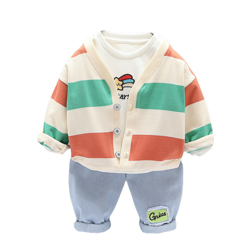 Children's clothing one piece goods delivery rice woolen boy suit rainbow button cardigan jeans children's spring clothing