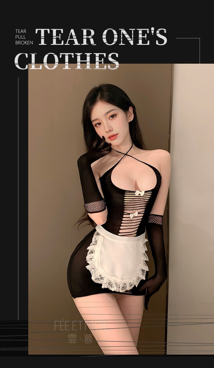 Feimu Maid Mesh Lingerie Set with Apron and Gloves, Sheer Open-Chest Costume — detail image 23