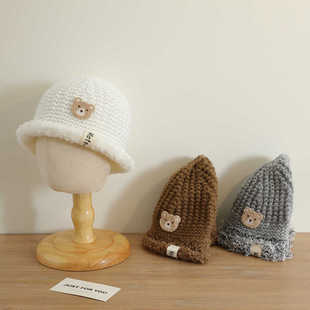 Children's Hat Autumn and Winter Knitted Hat Baby Warm Cloth Label Basin Hat Plush Edge Fisherman Hat Cute Wool Hat Trendy