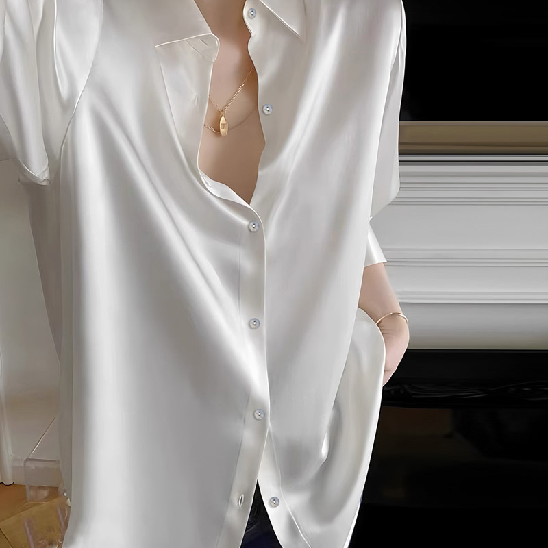 法式轻奢缎面白色衬衫女秋新款高级感宽松显瘦防晒衬衣设计感小众|undefined