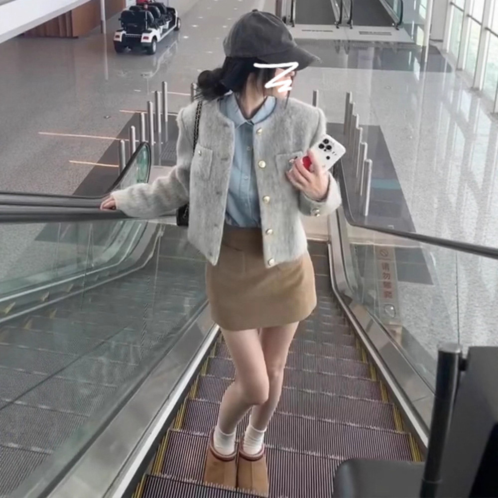韩系复古短款外套女秋冬季2025新款小个子香风千金风灰色夹棉上衣