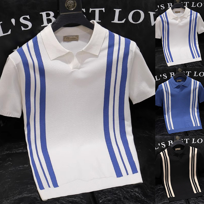 Polo camiseta de punto camiseta de manga corta hombre V-collar gaviota collar rayas verticales viejas camisetas de hielo de viento de verano fábrica transfronteriza al por mayor