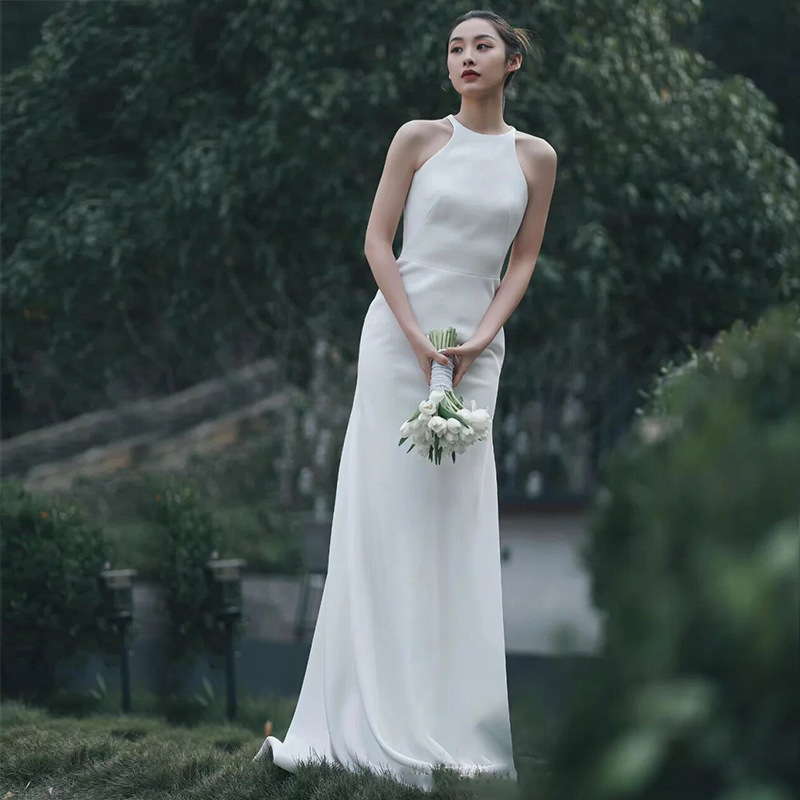 2026 New French-Style Light Wedding Dress for Petite Women, White Satin Simple Bridal Travel Photo Shoot Mermaid Dress for Women 2026 New French-Style Light Wedding Dress for Petite Women, White Satin Simple Bridal Travel Photo Shoot Mermaid Dress for Women