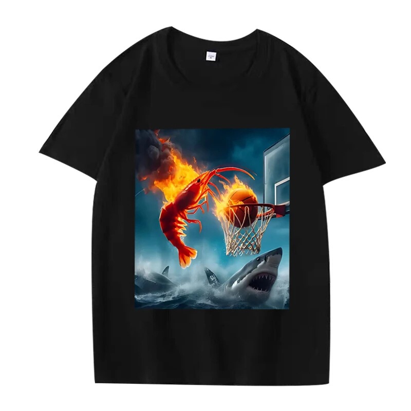 Shrimp and Shark Pattern T-Shirt Retro Fishing Meme T-Shirt Women's Short Sleeve Summer Top Aesthetic Clothing Summer Streetwear
