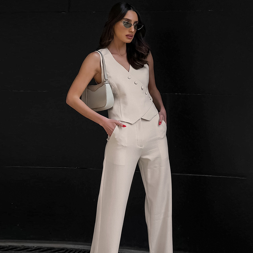 Women's Clothing commuting apricot cotton and linen vest vest wide leg pants two piece suit female 2024 summer deconstruction design suit_voghion.com