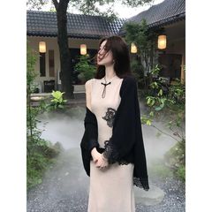 2025初秋新款新中式无袖旗袍针织高级感连衣裙长裙开衫两件套套装