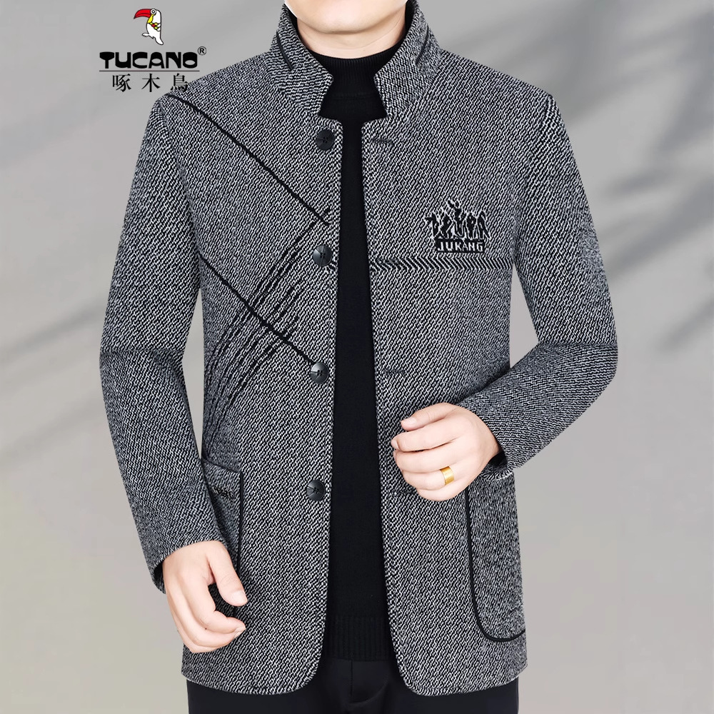 啄木鸟中年羊毛外套秋冬男士新款立领羊毛夹克商务休闲加厚老爹装