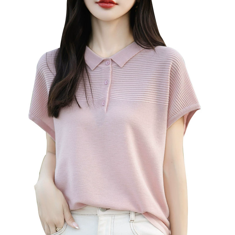 Summer silk knitted solid sweater, 25 years, polo collar, with short sleeve, oversize