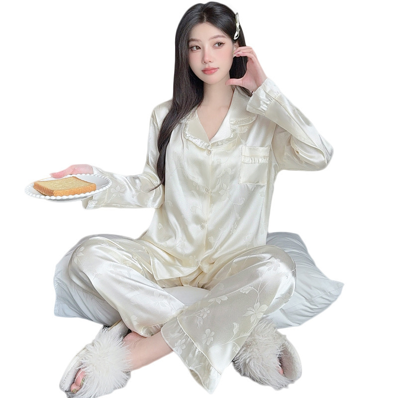 奢华高贵女士睡衣春秋新款丝绸长袖高级花卉冰丝家居服两件套批发|undefined