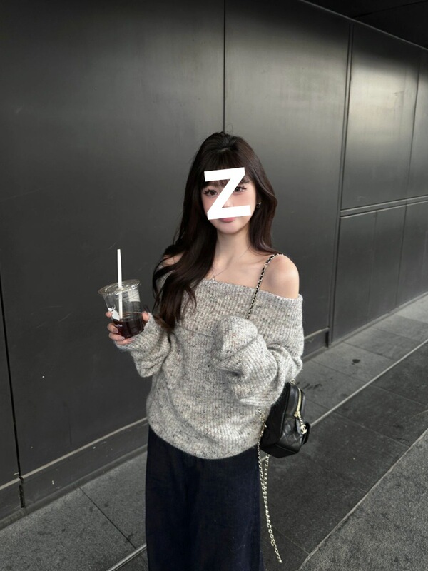 灰色露肩韩系套头毛衣女秋冬慵懒风宽松气质小个子长袖一字肩上衣|undefined