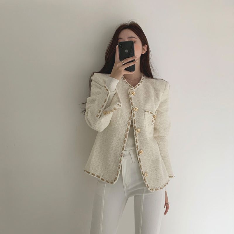 黑色粗花呢金丝复古西装外套新款女秋冬小个子休闲百搭短款上衣|undefined